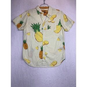 Straight Faded Mens Cut Pineapple Print Beach Vibes Polo Button Up Cream Medium